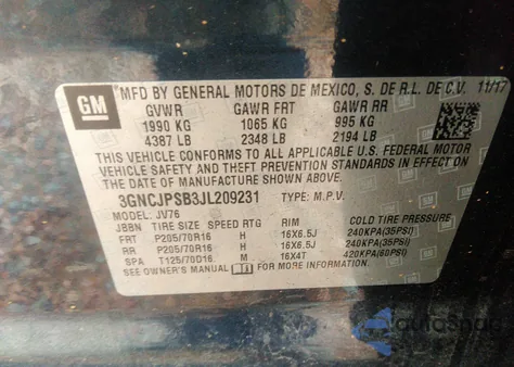 2018 Chevrolet Trax Lt from USA, damaged, VIN 3GNCJPSB3JL209231